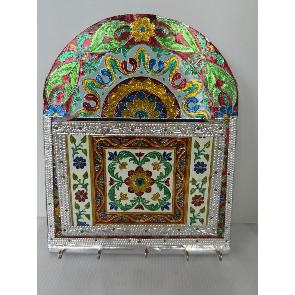 VTG Meenakari Style Metal Mail Holder Key Rack Wall Organizer Floral 11” Boho